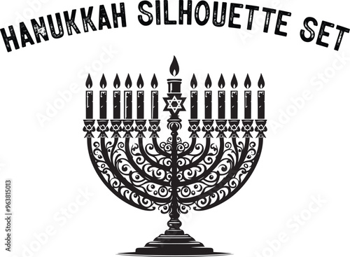 
Menorah Silhouette. Candlesticks silhouette, Hanukkah set. Black and white isolated vector illustration. lack silhouette of chanukiah set hanukkah, hanukkah, menorah and lights ceremony silhouette. 