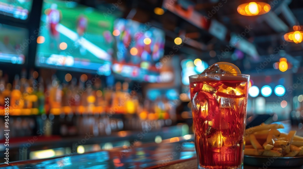 Game Night Ambiance: A Drink at the Bar with Sports in the Backdrop. Concept Bar Setting, Sports Event, Game Night Ambiance, Drinks and Cocktails, Social Gathering Game Night Ambiance: A Drink at the Bar with Sports in the Backdrop. Concept Bar Setting, Sports Event, Game Night Ambiance, Drinks and Cocktails, Social Gathering