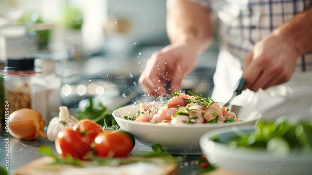 Close-up of fresh chicken meat in a well-lit kitchen, highlighting its texture and color. Close-up of fresh chicken meat in a well-lit kitchen, highlighting its texture and color.