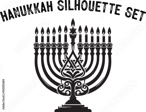 
Menorah Silhouette. Candlesticks silhouette, Hanukkah set. Black and white isolated vector illustration. lack silhouette of chanukiah set hanukkah, hanukkah, menorah and lights ceremony silhouette. 