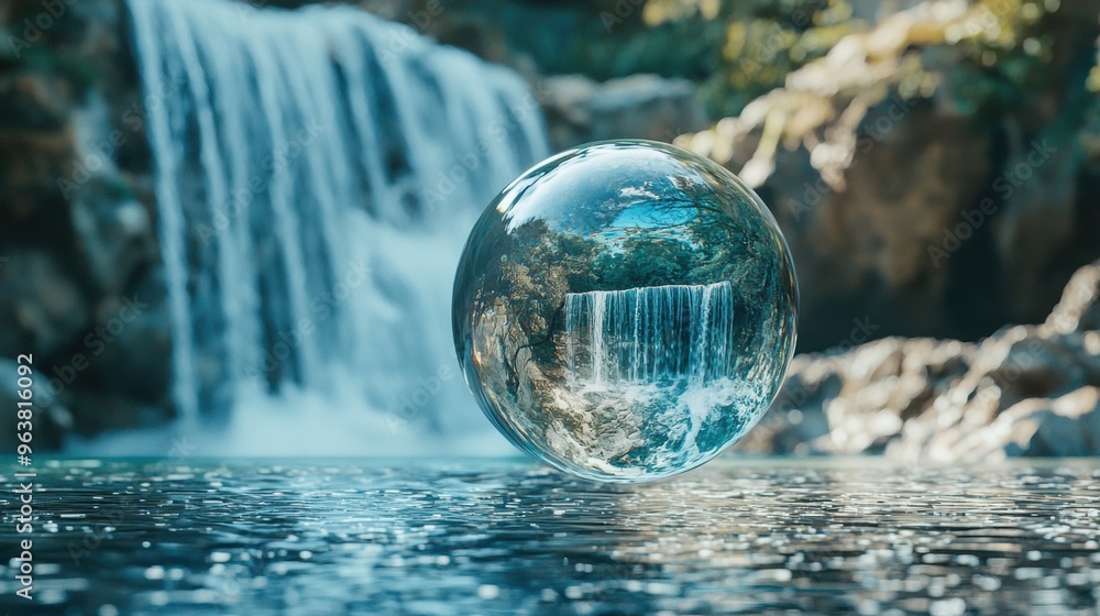 Captivating Crystal Sphere Reflecting Cascading Waterfall in Serene Natural Landscape Captivating Crystal Sphere Reflecting Cascading Waterfall in Serene Natural Landscape