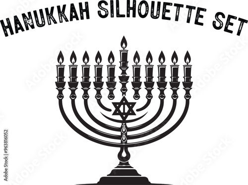 
Menorah Silhouette. Candlesticks silhouette, Hanukkah set. Black and white isolated vector illustration. lack silhouette of chanukiah set hanukkah, hanukkah, menorah and lights ceremony silhouette. 