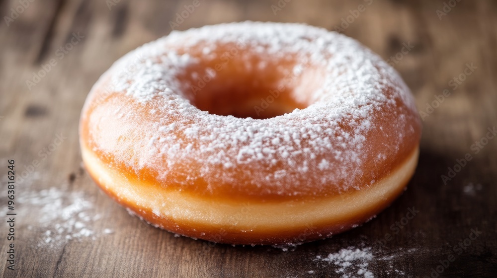Powdered sugar doughnut on wooden surface, close Powdered sugar doughnut on wooden surface, close