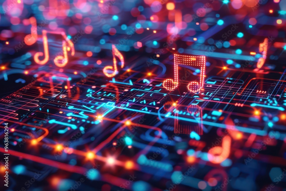 A vibrant digital representation of music and technology with glowing musical notes and circuits, highlighting innovation in sound. A vibrant digital representation of music and technology with glowing musical notes and circuits, highlighting innovation in sound.