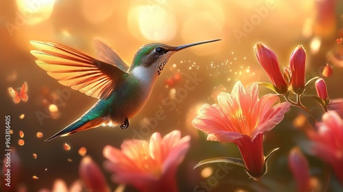 Beautiful image of a hummingbird hovering beside vibrant colorful flowers nature background