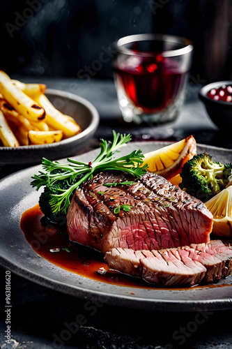 Close up macro of appetizing Angus Picanha steak grilled dished with rice, fries, and brocolis. Perfect for restaurant recipe or ad. photo