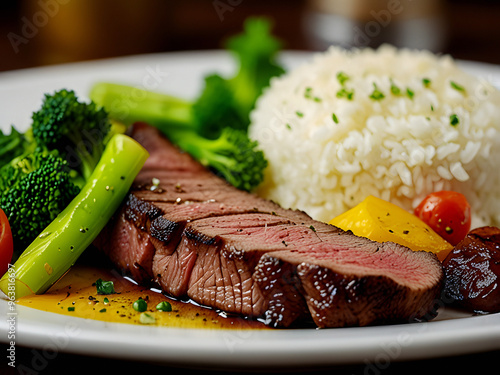 Close up macro of appetizing Angus Picanha steak grilled dished with rice, fries, and brocolis. Perfect for restaurant recipe or ad. photo