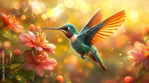 Vibrant flowers attract a hummingbird hovering in a stunning image photo