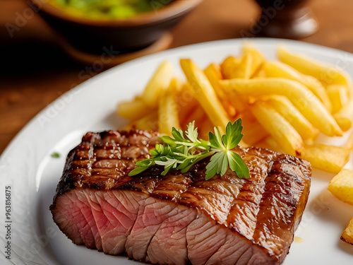 Close up macro of appetizing Angus Picanha steak grilled dished with rice, fries, and brocolis. Perfect for restaurant recipe or ad. photo