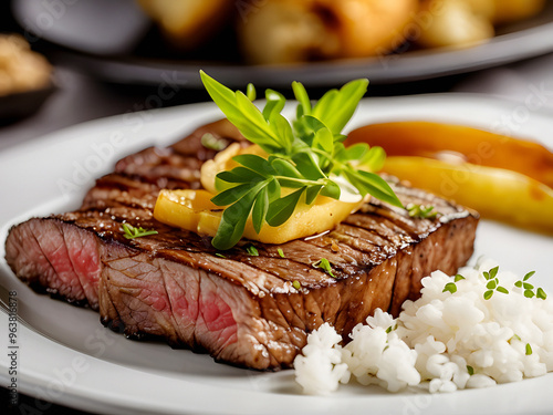 Close up macro of appetizing Angus Picanha steak grilled dished with rice, fries, and brocolis. Perfect for restaurant recipe or ad. photo