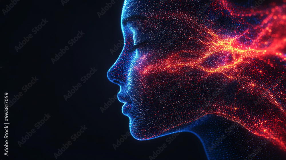 3D render of a complex digital neural network traversing the side of a human face, symbolizing the interconnectedness of human cognition, technology, and neural pathways in modern digital science 3D render of a complex digital neural network traversing the side of a human face, symbolizing the interconnectedness of human cognition, technology, and neural pathways in modern digital science