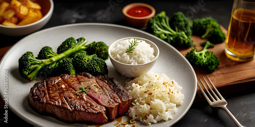 Close up macro of appetizing Angus Picanha steak grilled dished with rice, fries, and brocolis. Perfect for restaurant recipe or ad. photo