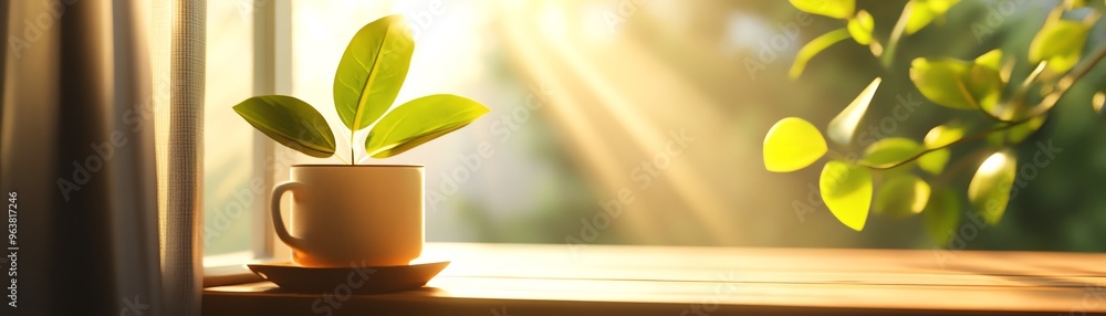 A small plant in a white cup on a wooden table bathed in warm sunlight near a window, creating a peaceful and serene atmosphere.