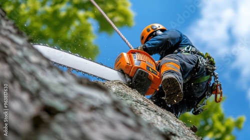 Lumberjack Cutting Tree with Chainsaw   Tree Service   Professional Arborist photo