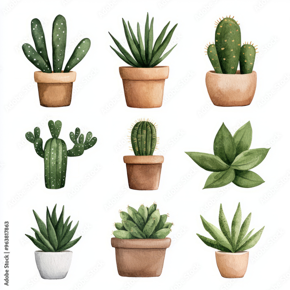 A collection of cacti and succulents in various pots, showcasing diverse shapes and textures, brings refreshing touch to any space. A collection of cacti and succulents in various pots, showcasing diverse shapes and textures, brings refreshing touch to any space.