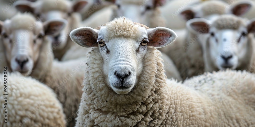 A group of sheep look towards the camera. A group of sheep look towards the camera.