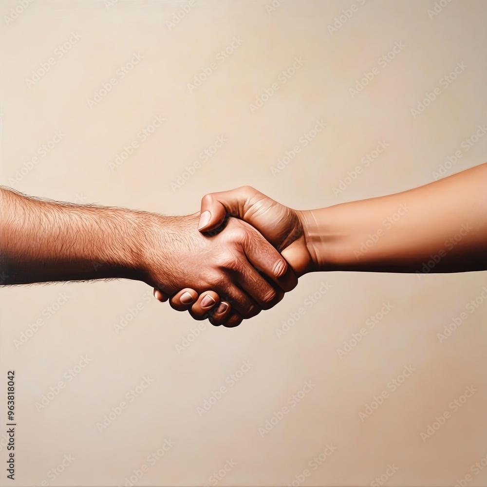 Fototapeta premium Two diverse hands shaking in agreement, symbolizing unity, partnership, and cooperation on a neutral background.