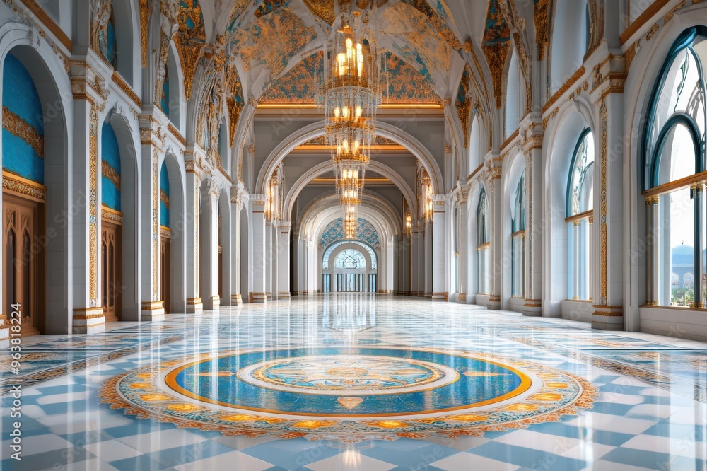 Obraz premium Grand Hallway Interior with Ornate Details and Marble Floor