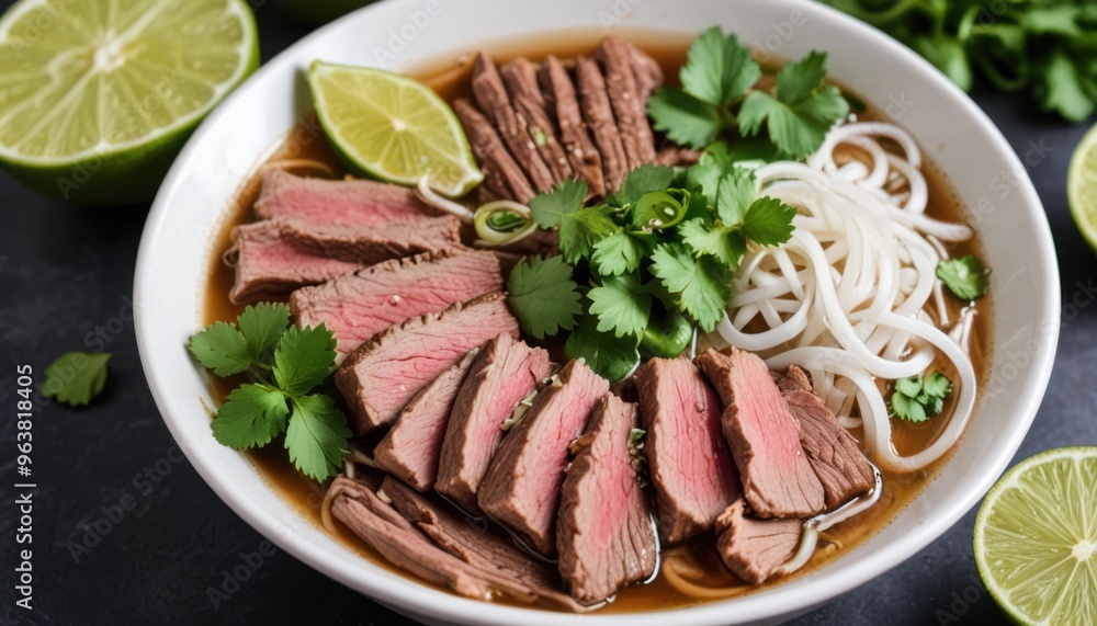 A bowl of Vietnamese pho with thinly sliced beef, fresh herbs, lime, and jalapeños A bowl of Vietnamese pho with thinly sliced beef, fresh herbs, lime, and jalapeños