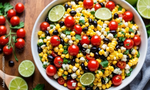 A colorful and fresh corn salad with cherry tomatoes, black beans, and a lime dressing