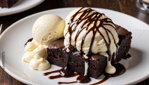 A decadent chocolate brownie topped with vanilla ice cream and a drizzle of hot fudge