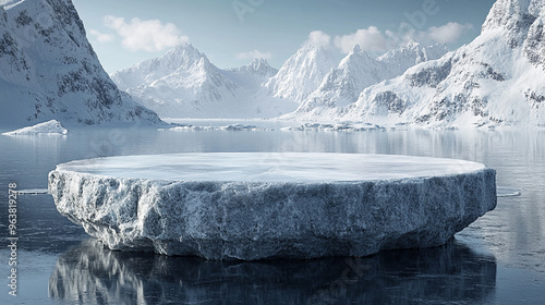 clear, minimalist crystal ice podium stands on a glacial surface, surrounded by frost. The scene conveys purity, elegance, and cold beauty, making it ideal for luxury product display and branding conc