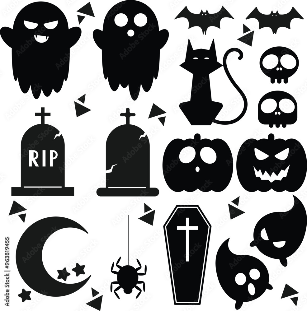 Black Halloween icons set. Halloween icons isolated on white. Set of silhouettes for Halloween party. Halloween holiday graphic template. pumpkin, ghost, spider, bat,
bones. Vector illustration. Black Halloween icons set. Halloween icons isolated on white. Set of silhouettes for Halloween party. Halloween holiday graphic template. pumpkin, ghost, spider, bat,
bones. Vector illustration.