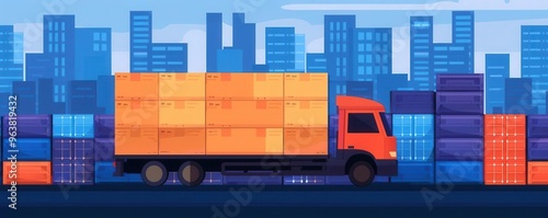 Delivery truck transporting cargo in the city. Logistics and freight transport concept. Modern urban environment with skyscrapers.