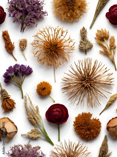 Dried Flowers Leaves Flat Lay Background 
