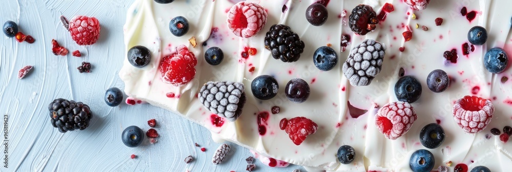 Frozen Yogurt Bark Topped with Berries on a Blue Tablecloth Frozen Yogurt Bark Topped with Berries on a Blue Tablecloth