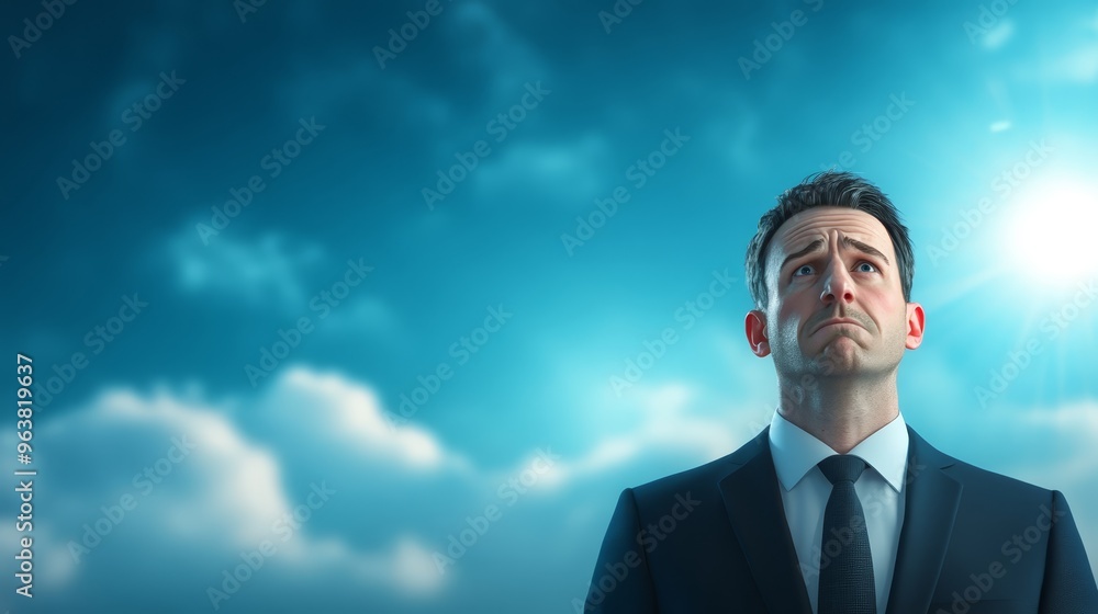 Businessman Looking Up At The Sky With Hopeful Expression Businessman Looking Up At The Sky With Hopeful Expression