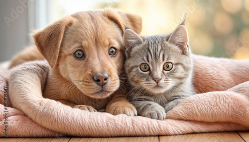 Portrait of cute brown puppy dog and grey tabby kitten cat wrapped sheltered in peachy pink fluffy soft blanket on warm golden light winter morning indoors cozy house home.