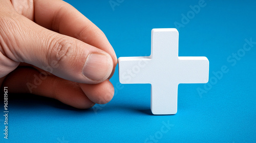 hand holding a glowing plus sign, symbolizing health and wellbeing. The image represents healing, medical care, and positive energy, with a focus on health improvement and support