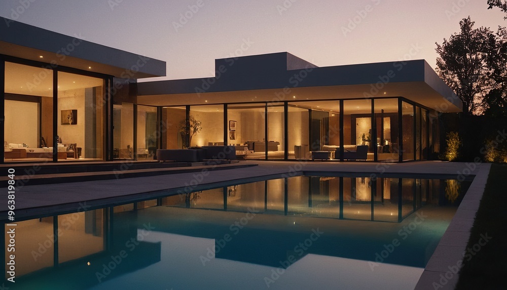 Fototapeta premium 3d render of a luxurious house. Modern house with solar panels and pool at dusk. Night view of a white two-story house with solar panel system. 21
