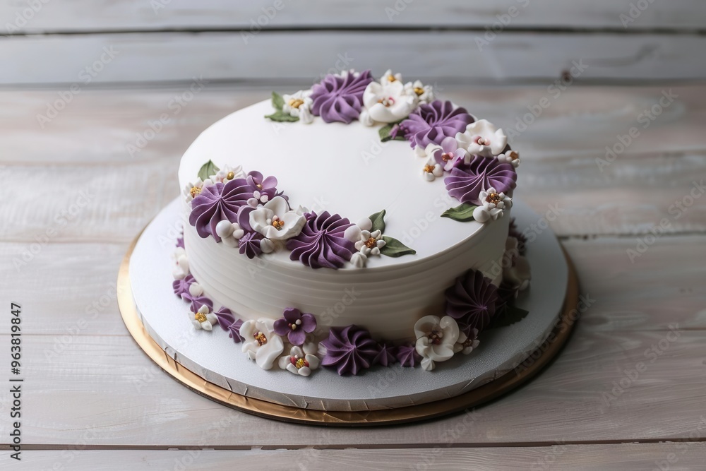 Elegant white cake adorned with purple and white floral decorations on a rustic wooden background, perfect for celebrations. Elegant white cake adorned with purple and white floral decorations on a rustic wooden background, perfect for celebrations.