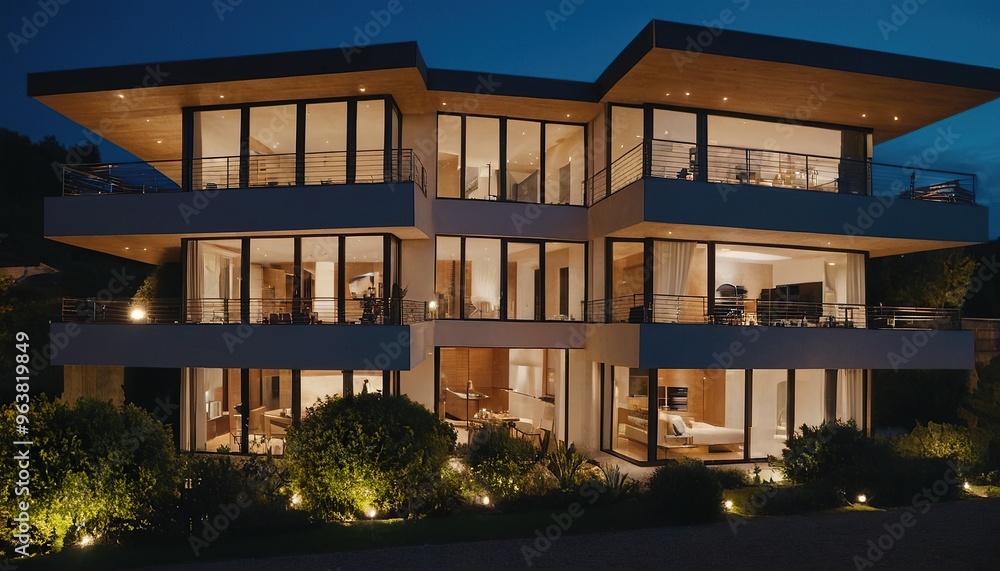 Obraz premium 3d render of a luxurious house. Pool outside modern house at twilight 25