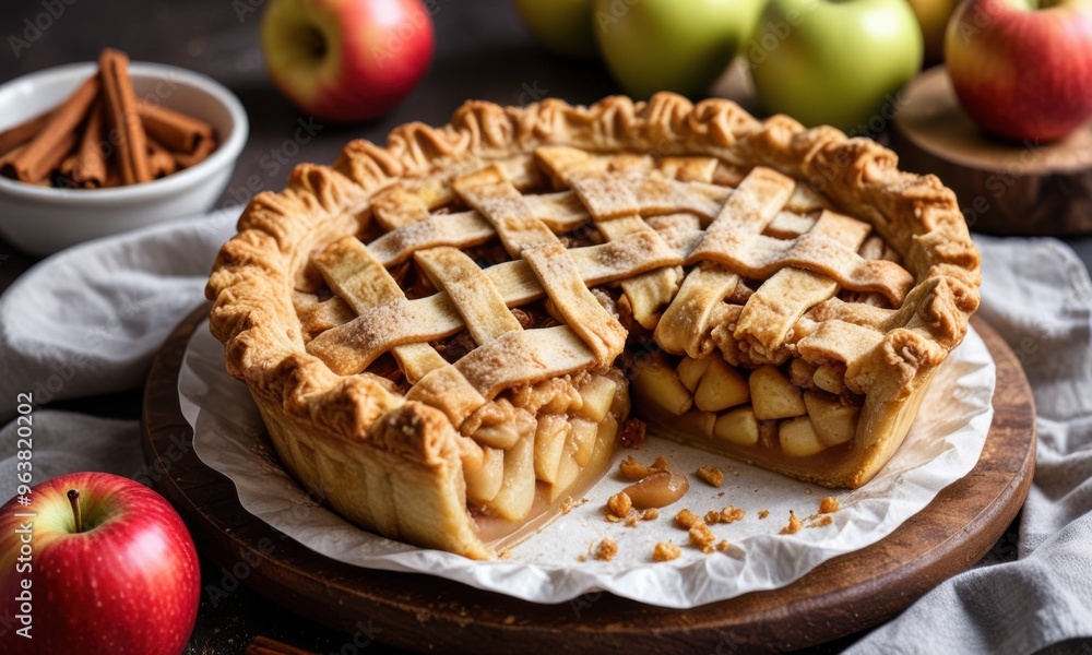 A freshly baked apple pie with a golden, flaky crust and a dusting of cinnamon sugar.. A freshly baked apple pie with a golden, flaky crust and a dusting of cinnamon sugar..