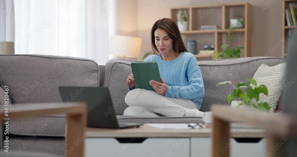 Home, woman and tablet with typing, internet and research with social media in lounge. Person, apartment or girl on couch with technology, digital app or connection with online information or network Home, woman and tablet with typing, internet and research with social media in lounge. Person, apartment or girl on couch with technology, digital app or connection with online information or network