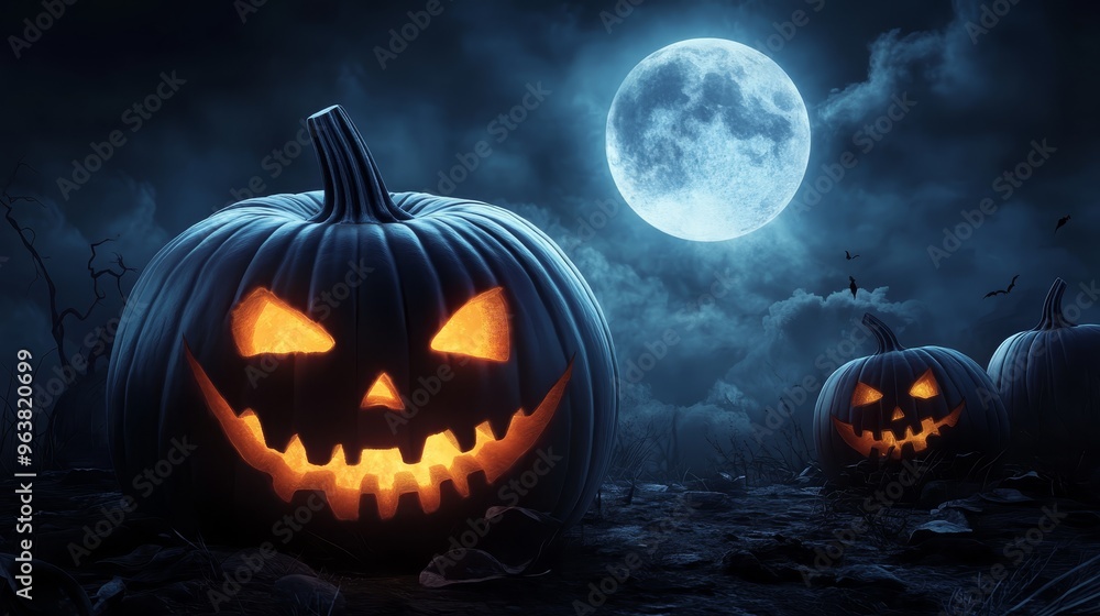 Scary Halloween Pumkin with Full Moon Scary Halloween Pumkin with Full Moon