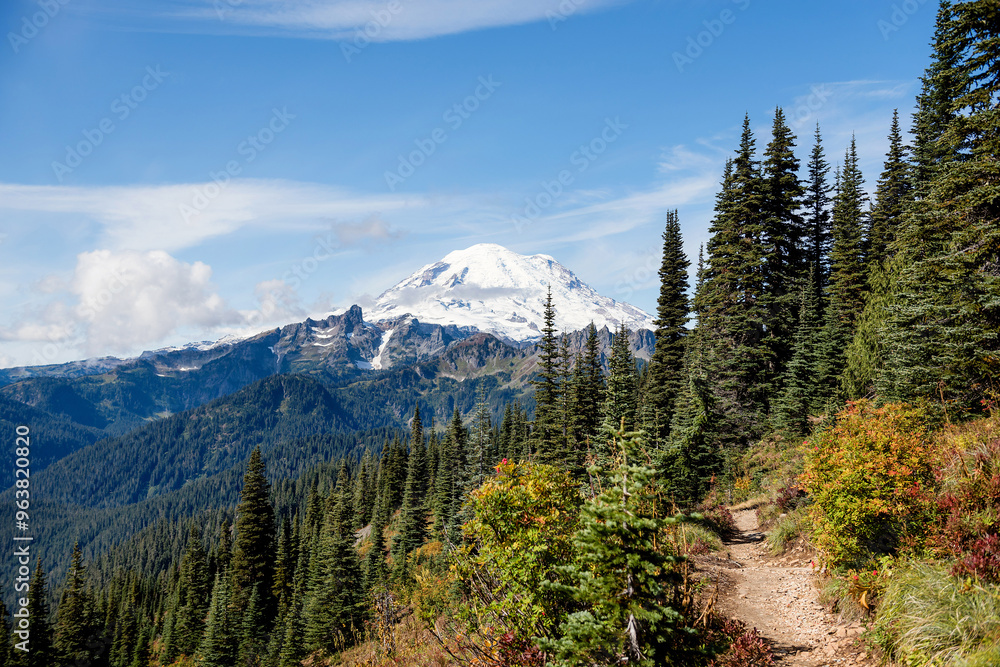 Fototapeta premium Mount Rainier views from Naches Peak Look Trail