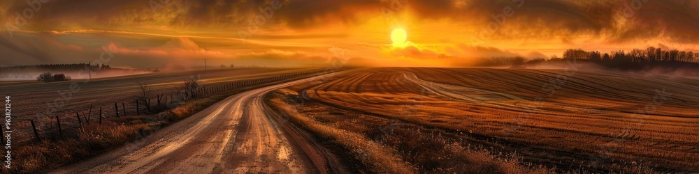 Winding path through a landscape at dawn with warm orange hues. Winding path through a landscape at dawn with warm orange hues.