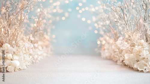 A beautiful winter wonderland features soft white flowers and shimmering lights, creating an enchanting pathway for festive events or gatherings