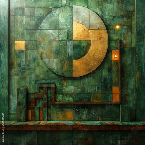 Mathematical masterpiece with equations and geometric patterns in a balanced composition of green and gold. Precision and artistry in mathematical beauty concept