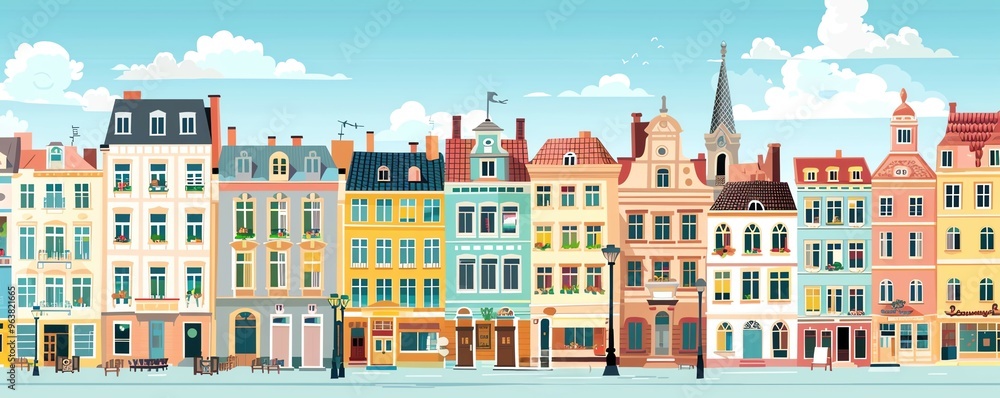 Obraz premium Historic city center, old buildings and streets, flat design illustration