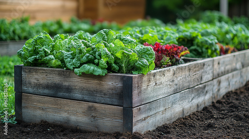 vegetable garden flourishing in a raised wooden bed. Lush green plants and vines cover the area, showcasing fresh produce, symbolizing growth, abundance, and the rewards of nurturing nature