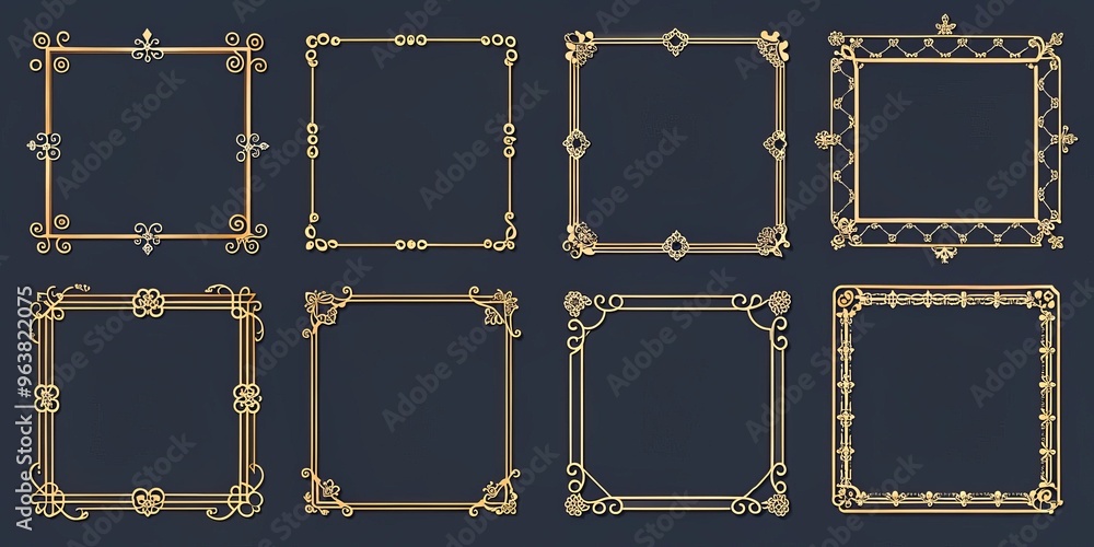 Naklejka premium Elegant Golden Ornate Frames Set, 8 Frames, Vector Illustration, Gold Frame, Ornamental Frame, Vintage Frame