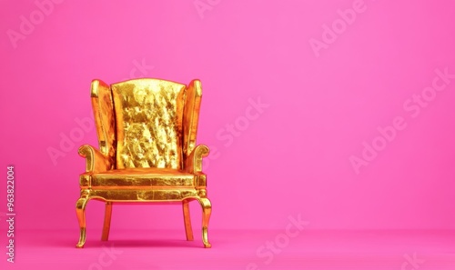 The golden throne exudes luxury and grandeur, beautifully contrasting with the bright pink background, inviting admiration and intrigue photo