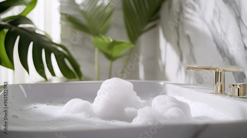 Thick white foam from a body wash, designed to moisturize the skin, shown in a vibrant, clean bathroom setting photo