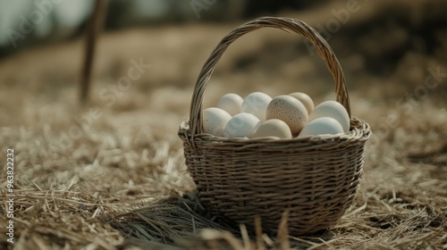 Natural eggs are carefully arranged in a wicker basket sitting on a bed of hay amidst a rustic outdoor environment photo