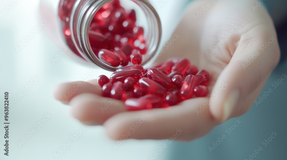 A hand is gently receiving bright red capsules poured from a bottle in a well-lit environment, emphasizing medication use A hand is gently receiving bright red capsules poured from a bottle in a well-lit environment, emphasizing medication use